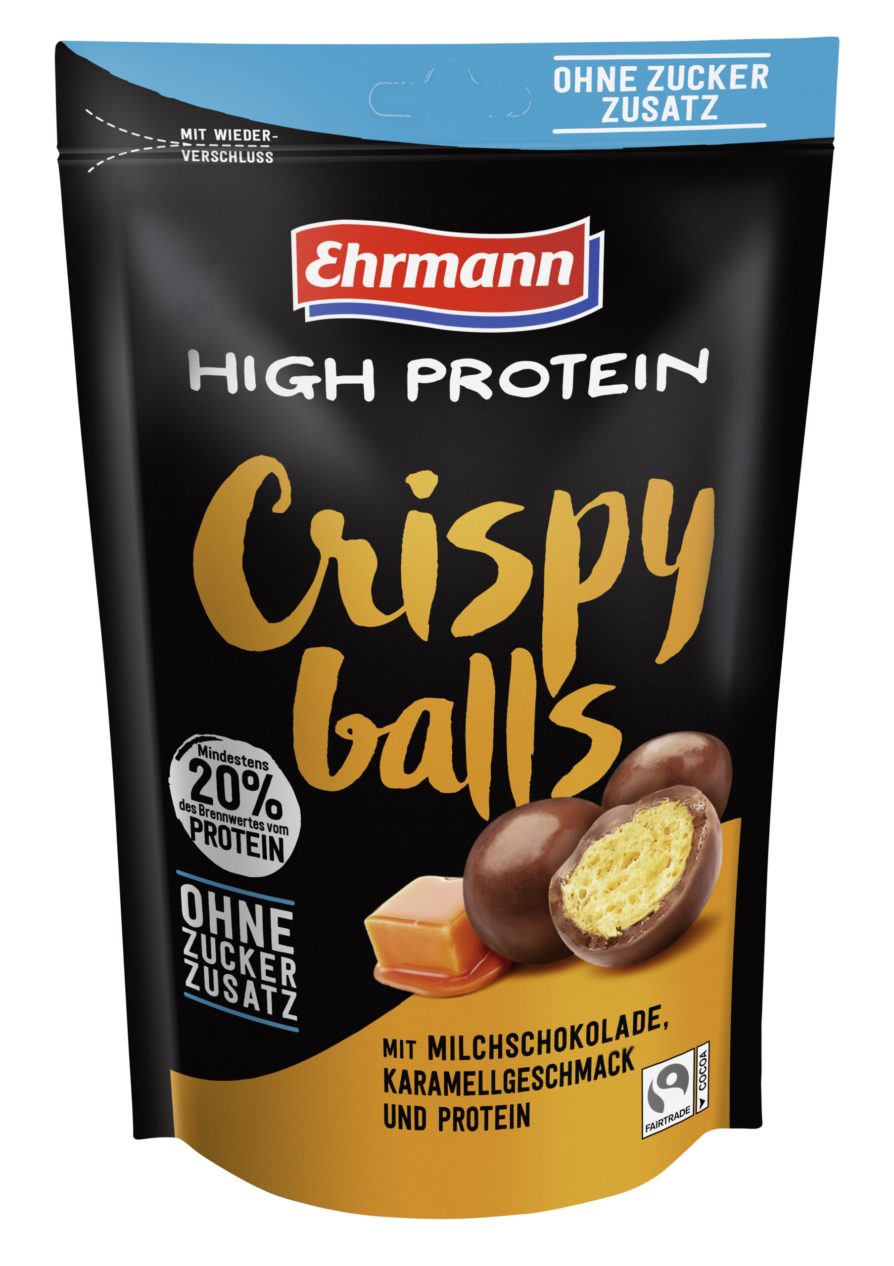 Ehrmann High Protein Crispy Balls mit Milchschoko ohne Zuckerzusatz Molkenproteinballs mit Milchschoko Molkenprotein