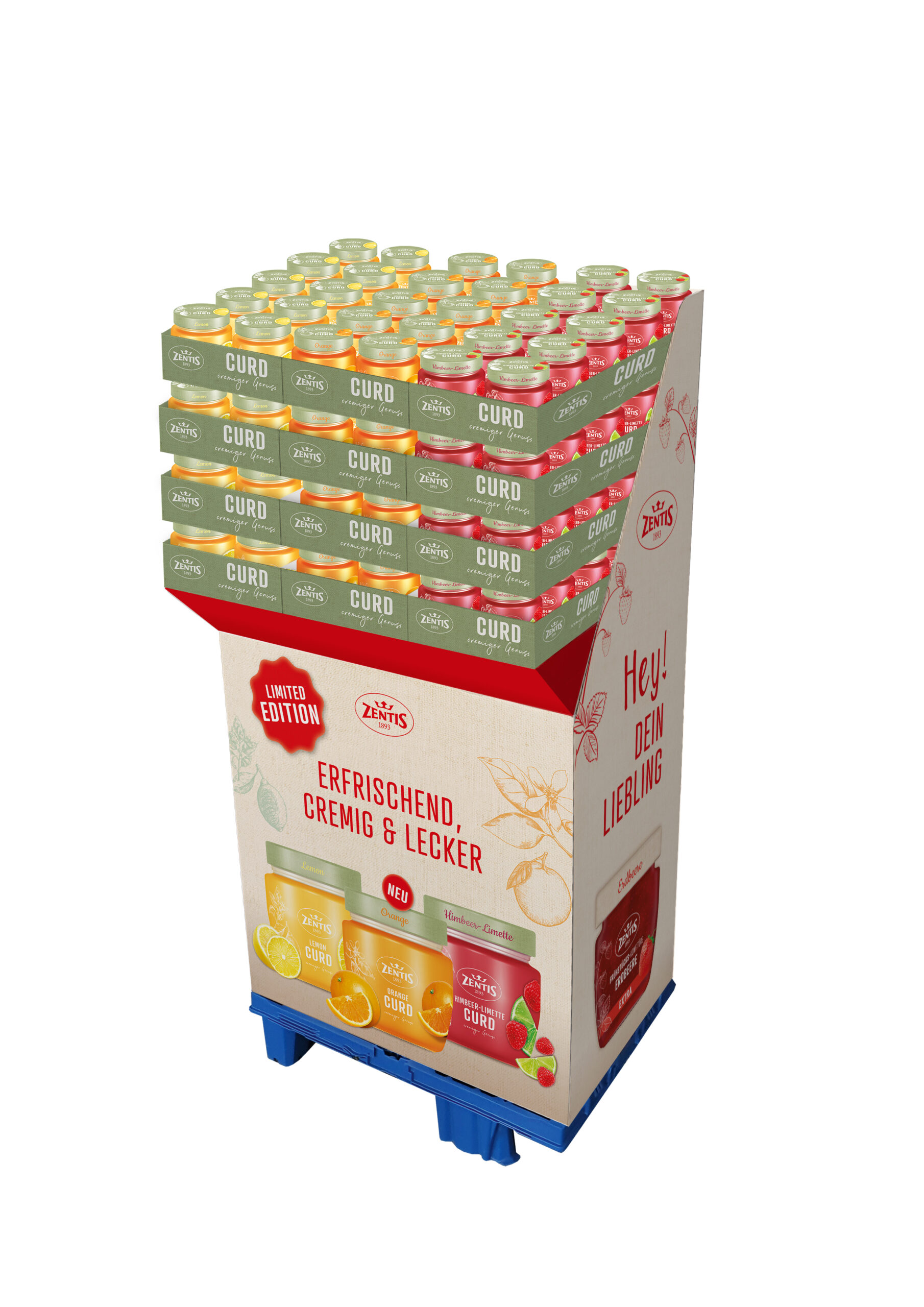 120er Display Curds, 3-fach sortiertes Display, 120 Gläser à , 1/4 Palette