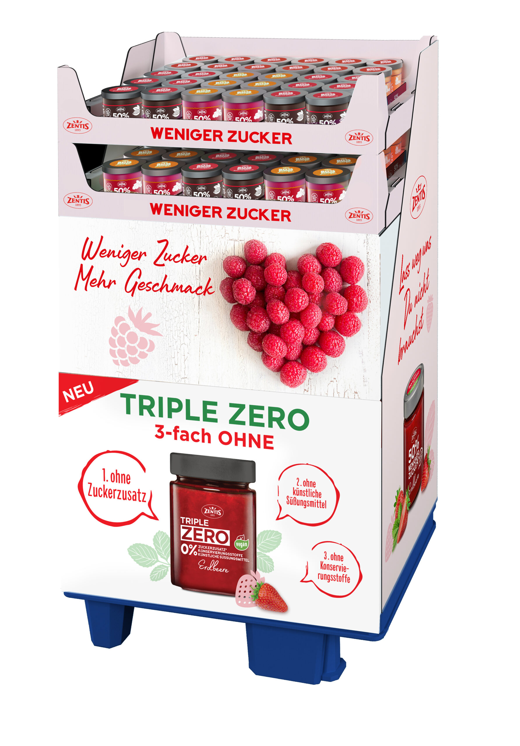Zentis 96er Mischdisplay 7-fach, 50% weniger Zucker 195g und Triple ZERO 185g