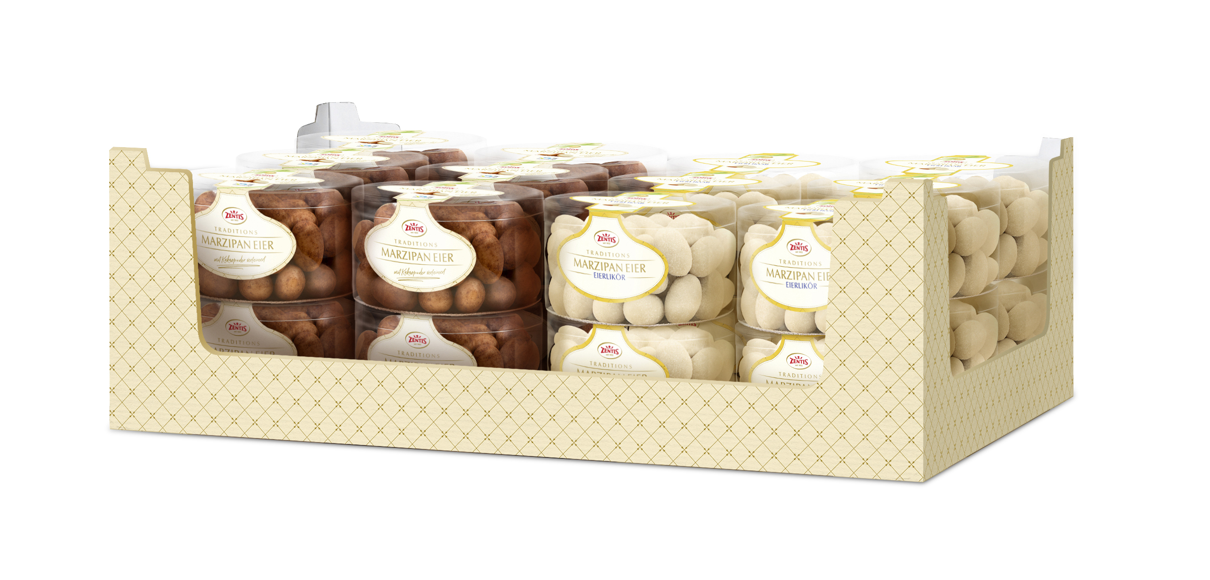 Zentis Marzipan Eier gepudert, Dose sortierte Kartonage