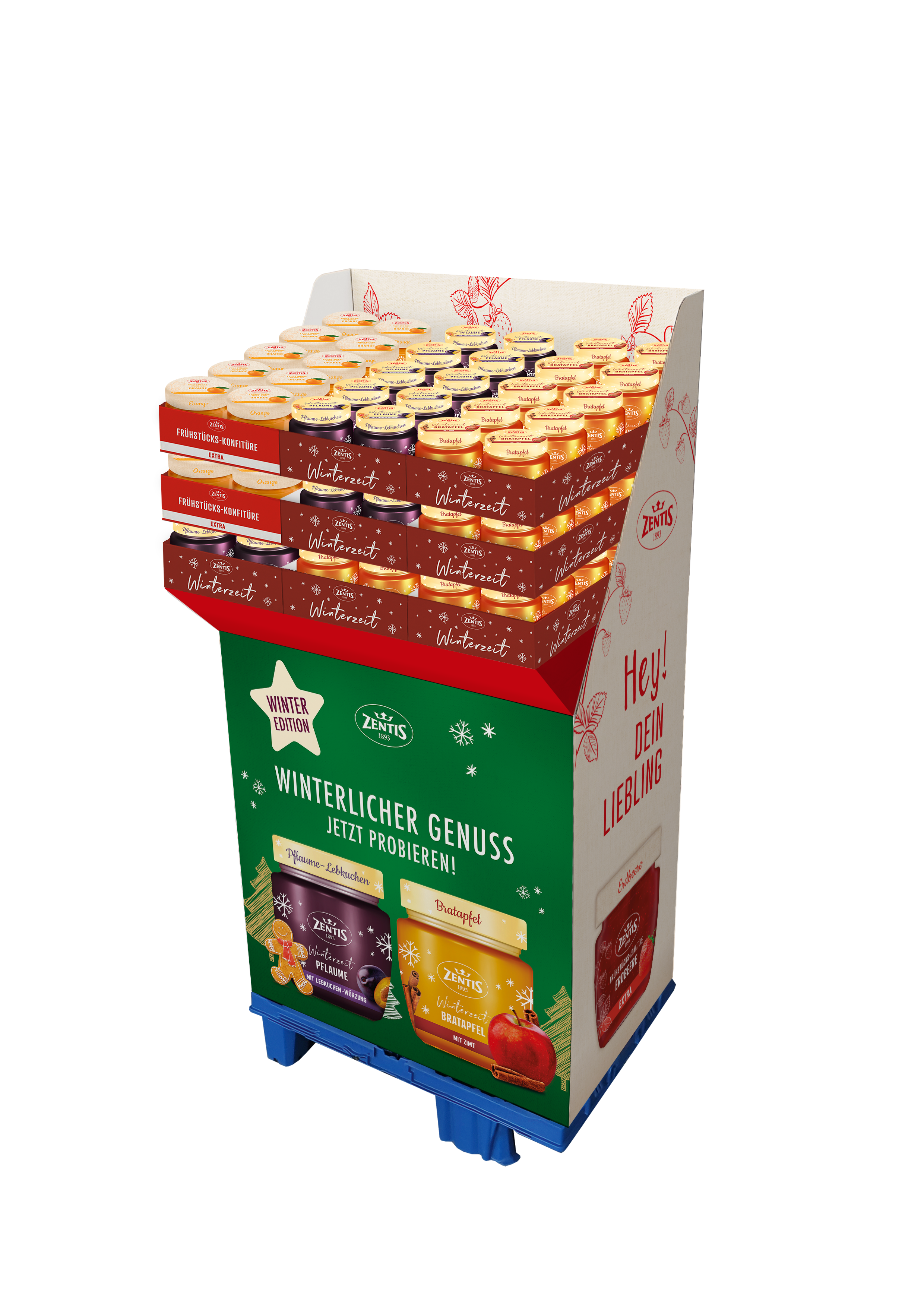 Frühstück, 3-fach sortiertes Display, 120 Gläser à , 1/4 Palette