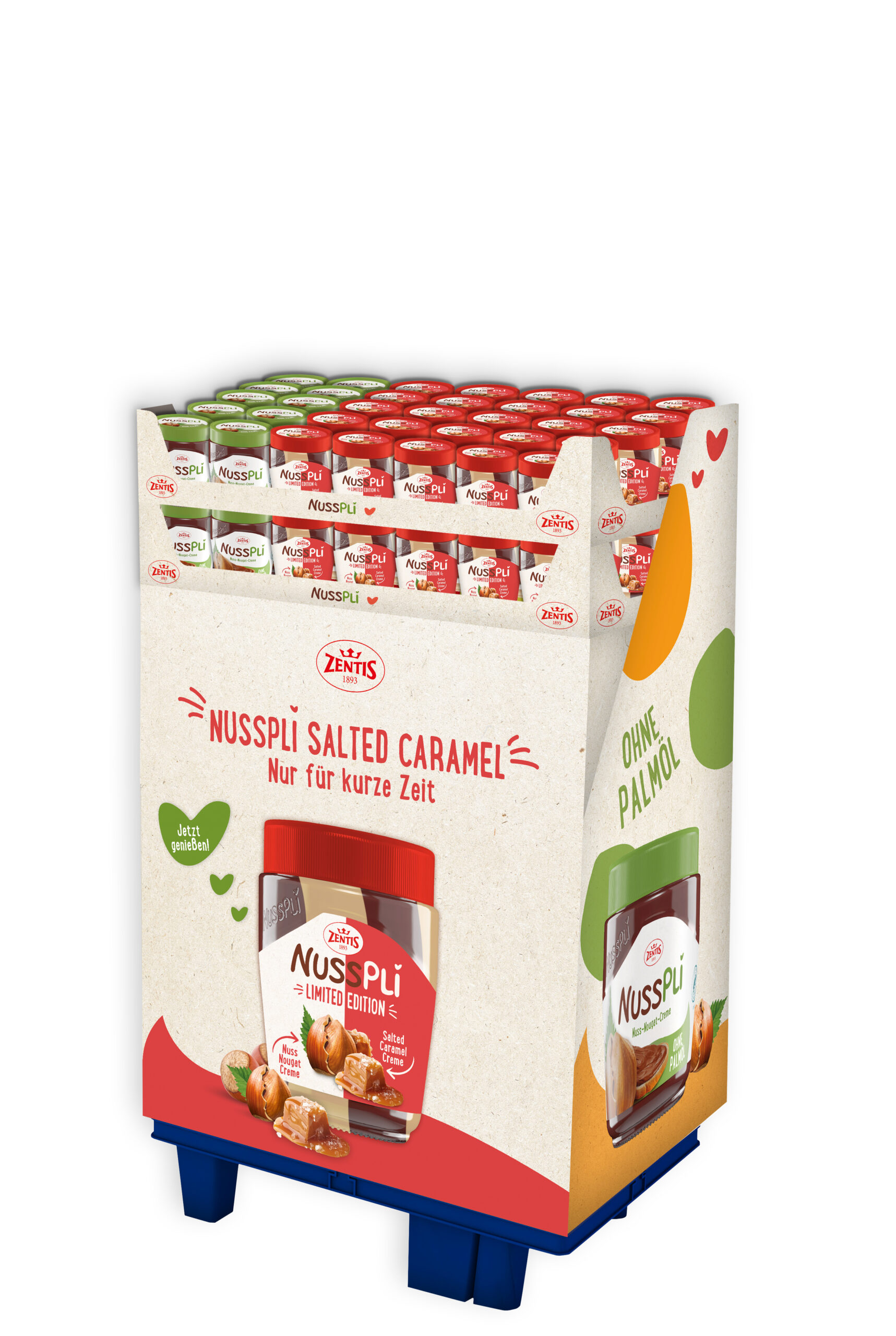 Zentis Nusspli+Salted Caramel & Nusspli ohne Palmöl 2-fach sortiertes Mischdisplay, 70 Gläser, 1/4 Palette