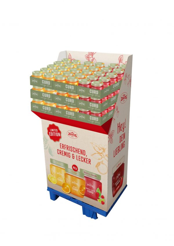 90er-Display Curds 3-fach sortiertes Display, 90 Gläser à / 1/4 Palette