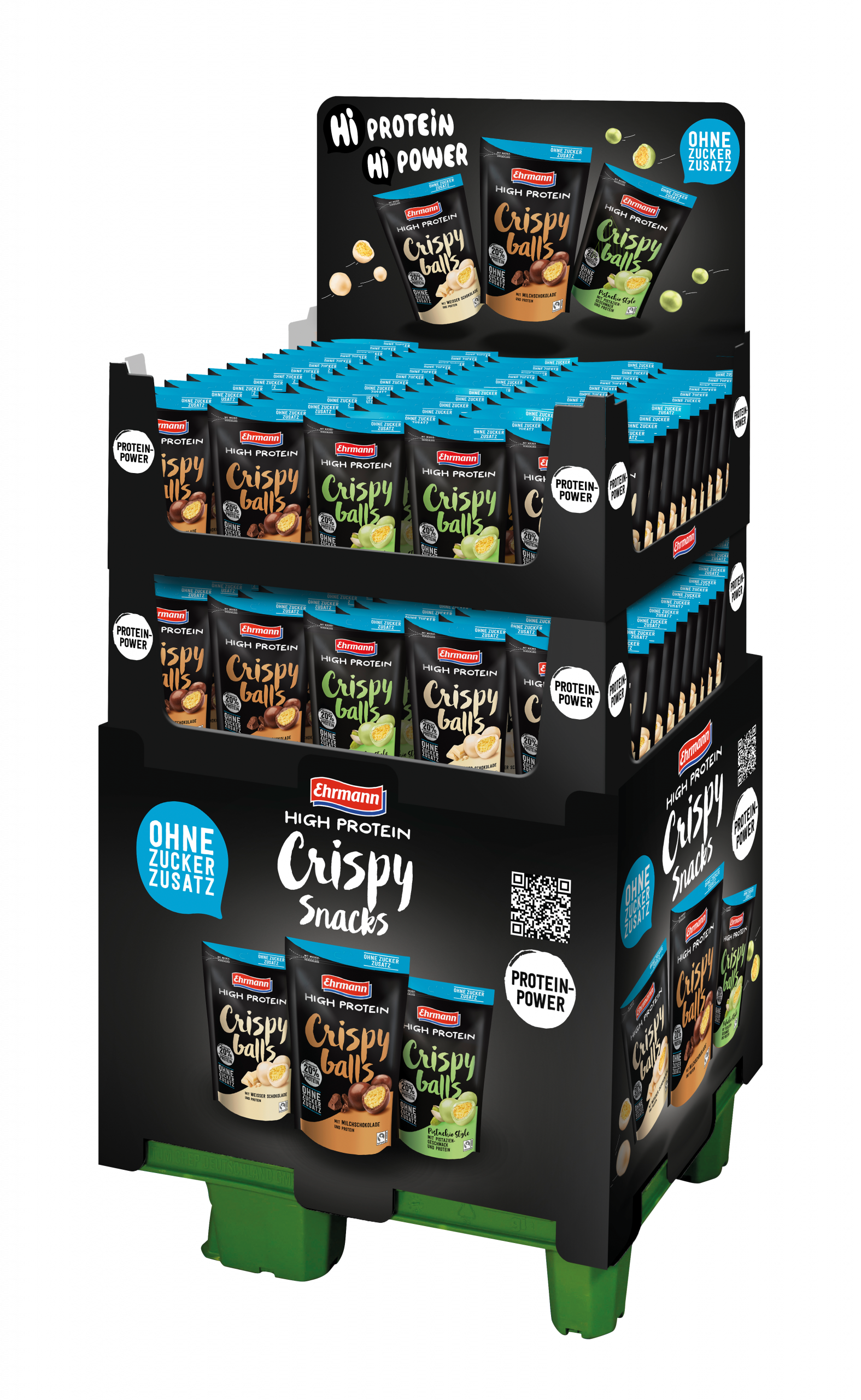 Ehrmann High Protein Crispy Balls ohne Zuckerzusatz 55g , 120er Display 3-fach sortiert