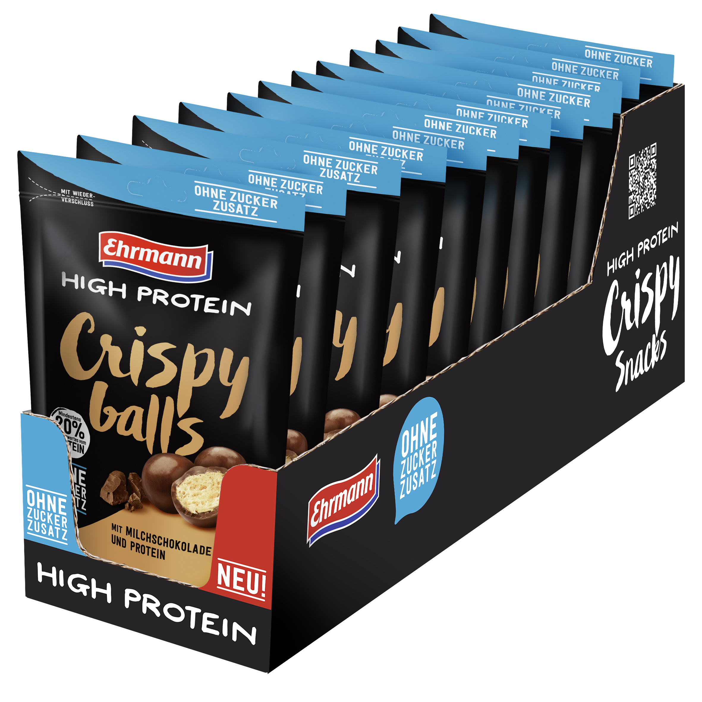 Ehrmann High Protein Crispy Balls ohne Zuckerzusatz 55g mit Milchschokoloade, 12er Tray