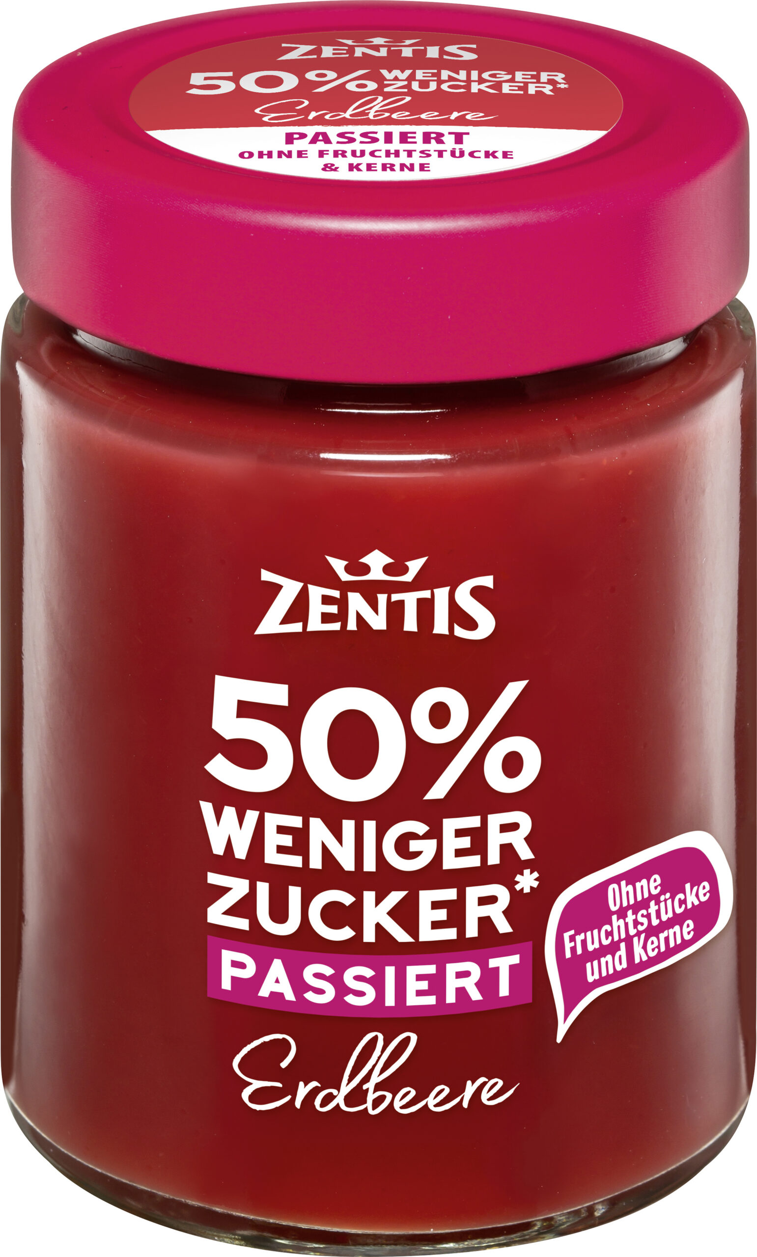 Zentis 50% weniger Zucker passiert Fruchtaufstrich 195g, Erdbeere